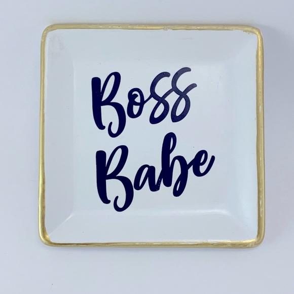 Boss Babe Trinket Tray Jewelry Storage Dish White Gold Black Ceramic Square - Picture 3 of 6